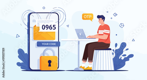 Illustration of a man using a laptop with an OTP prompt. A smartphone displays a lock and code "0965". Vibrant and secure tech theme.