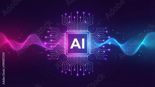 Futuristic AI technology chip with glowing neural network and digital data flow in vibrant purple and blue gradient background