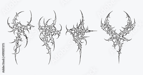 Neo-Tribal Cybersigilism Vector Set: Gothic Futuristic Linework, Occult Tattoo Core Symbols, Modern Cyberpunk Patterns for Streetwear, Clothing Brand Graphics, T-Shirt Design & Edgy Vector