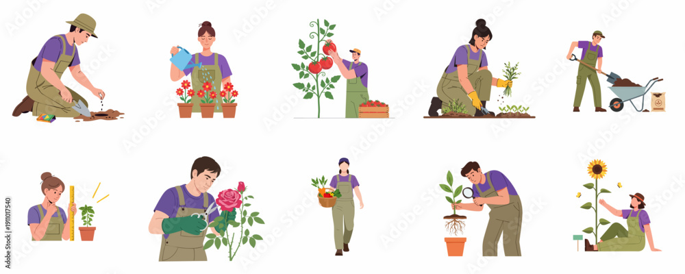 Fototapeta premium Detailed set of flat vector illustrations depicting people gardening, including planting, watering, harvesting, weeding, and taking care of plants and flowers.