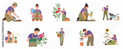 Detailed set of flat vector illustrations depicting people gardening, including planting, watering, harvesting, weeding, and taking care of plants and flowers.