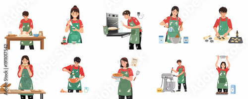 Illustrations of the complete baking process, featuring people kneading dough, mixing batter, using the oven, and finishing various baked goods.