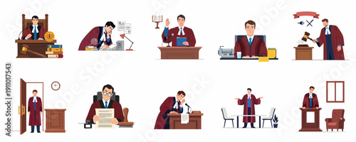 Set of illustrations showing a judge performing various duties, including delivering judgments, reading legal documents, taking oaths, and presiding over court proceedings.