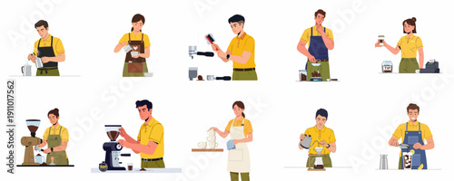 Barista workflow set showing coffee preparation processes like steaming milk, grinding beans, making espresso, pour-over, and serving customers in a cafe.