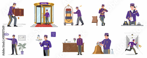 Hotel Bellhop Duties and Hospitality Services Vector Set. Man in uniform performing various tasks: carrying luggage, room service, cleaning, and reception work.
