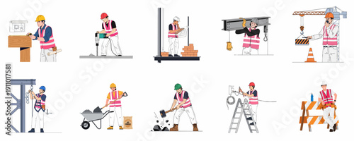 A comprehensive collection of construction workers and engineers performing various essential tasks like building, demolition, heavy lifting, and safety checks on site.