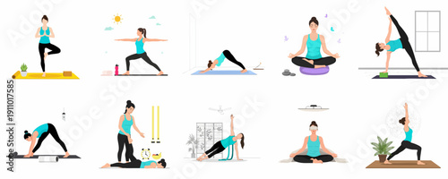 Flat vector illustration set of a woman performing diverse yoga poses, meditation, and wellness exercises for fitness and relaxation.