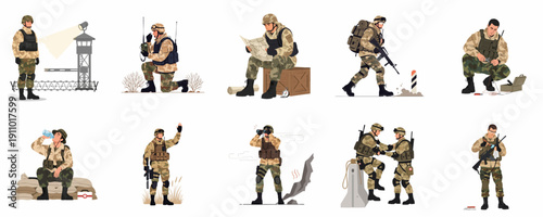 Set of military personnel engaged in various army duties including patrolling, communication, navigation, surveillance, equipment maintenance, and field operations.