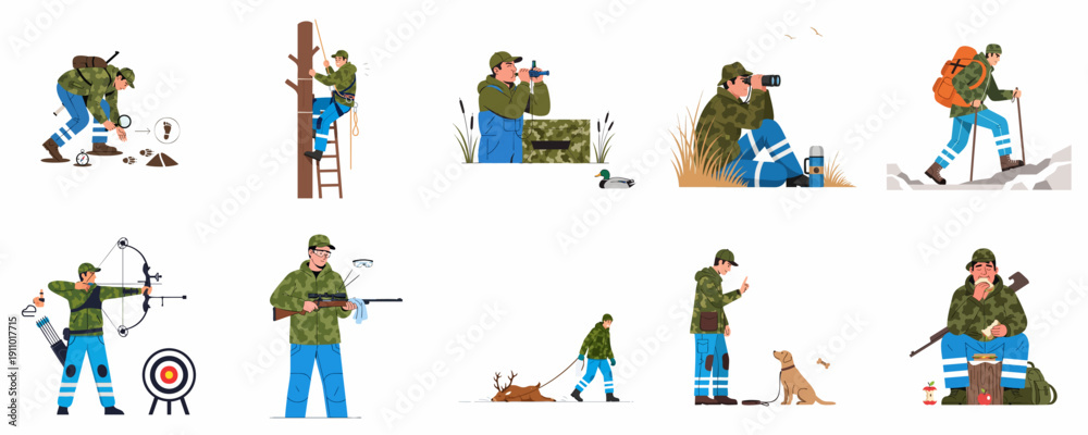 Fototapeta premium Collection of flat illustrations showing various hunting and outdoor recreation activities including tracking, observing, bow shooting, rifle use, climbing, hiking, and training a dog.