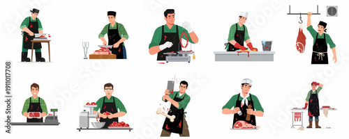 Butcher character performing various meat processing tasks, including cutting, grinding, seasoning, and cleanup, isolated on white background.