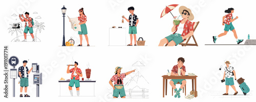 Diverse tourist experiences set, featuring travelers sightseeing, relaxing, jogging, navigating, and engaging in typical summer vacation adventures.
