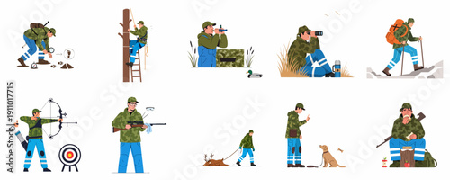 Collection of flat illustrations showing various hunting and outdoor recreation activities including tracking, observing, bow shooting, rifle use, climbing, hiking, and training a dog.