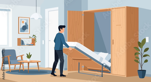 Man assembling a murphy bed in a modern living room with furniture and plants, using a folding mechanism.