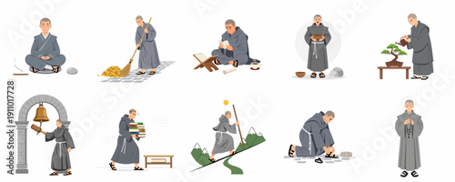Monk daily routine and spiritual life vector illustration set: meditating, sweeping, studying, praying, traveling, and performing duties.