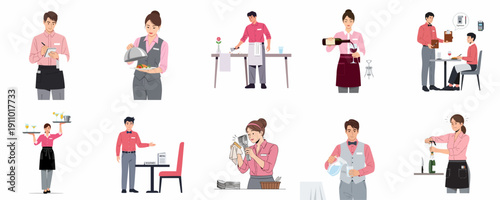 Essential duties of restaurant servers: taking orders, serving food, polishing silverware, and handling payments in hospitality industry illustrations.