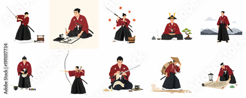 Traditional Japanese Samurai Lifestyle: Warrior practicing martial arts, calligraphy, archery, meditation, and tea ceremony.