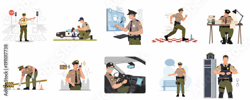 Diverse Police Officer Duties Set: Traffic Control, Digital Investigation, Patrol, Administrative Work, and Community Engagement Vector Illustrations.