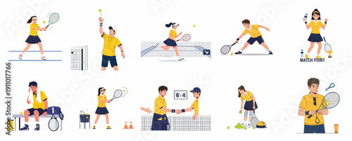 Tennis Players Activity Set: Serving, Rallying, Match Point, Training, and Injury Recovery Illustrations.