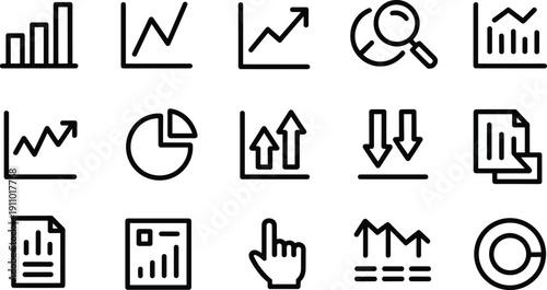 Set of vector line icons graph chart diagram analysis and report with up and down arrows and magnifier
