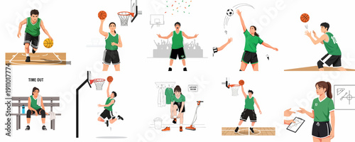 Basketball game action set featuring players dribbling, shooting, celebrating, taking a time out, preparing in the locker room, and discussing strategy.