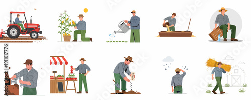 Diverse set of flat vector illustrations depicting a farmer engaging in the full cycle of agricultural labor: plowing, planting, harvesting, maintenance, and market sales.