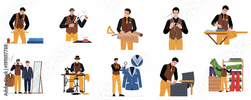 Professional tailor crafting custom suits, featuring steps like cutting, sewing, measuring, designing, and fitting customers in a modern workshop setting.