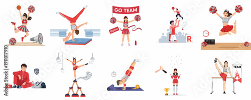 Dynamic set of cheerleading and sports performance illustrations, featuring athletes practicing acrobatics, training, and celebrating team spirit.