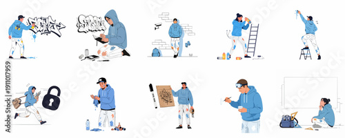 Set of vector illustrations depicting young graffiti artists sketching, painting, and engaging in urban street art creation and culture.