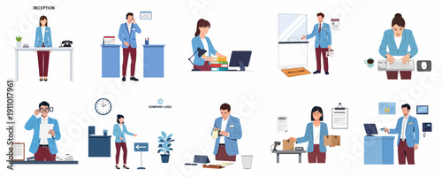 Office Administration and Reception Duties Set: Flat Vector Illustrations of Workers Performing Customer Service, Data Entry, and Logistics Tasks.