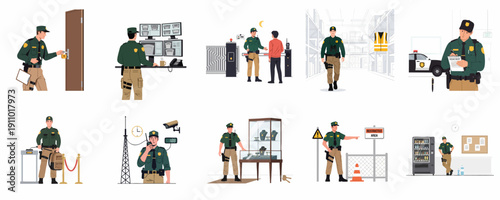 Security Guard Professional Duties Set: Access Control, CCTV Monitoring, Patrol, and Asset Protection Concepts Illustration Collection.