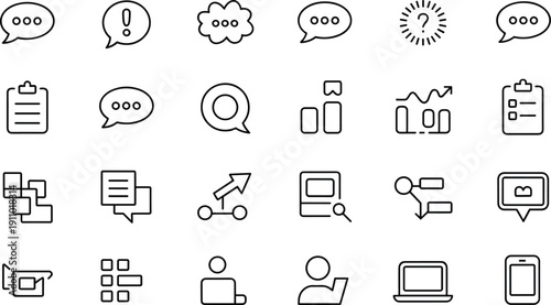 Assortment of thin line icons for communication, business, strategy, user interface, and data analysis applications
