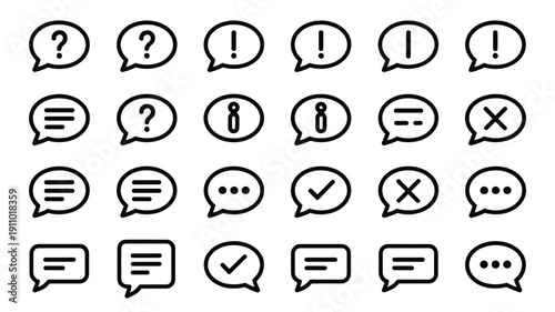 Collection of basic outline icons representing conversation, questions, information, and user feedback within apps