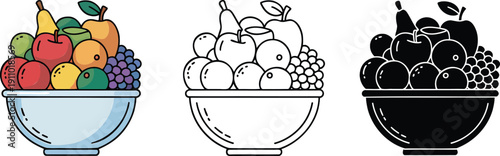 Fruit bowl silhouette & Outline and illustration set isolated on transparent background