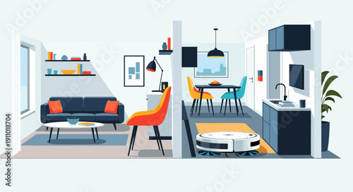 Illustration of a modern studio apartment interior with a sofa, dining table, kitchenette, and bed in a compact, open-plan living space with a minimalist aesthetic and pastel color scheme.