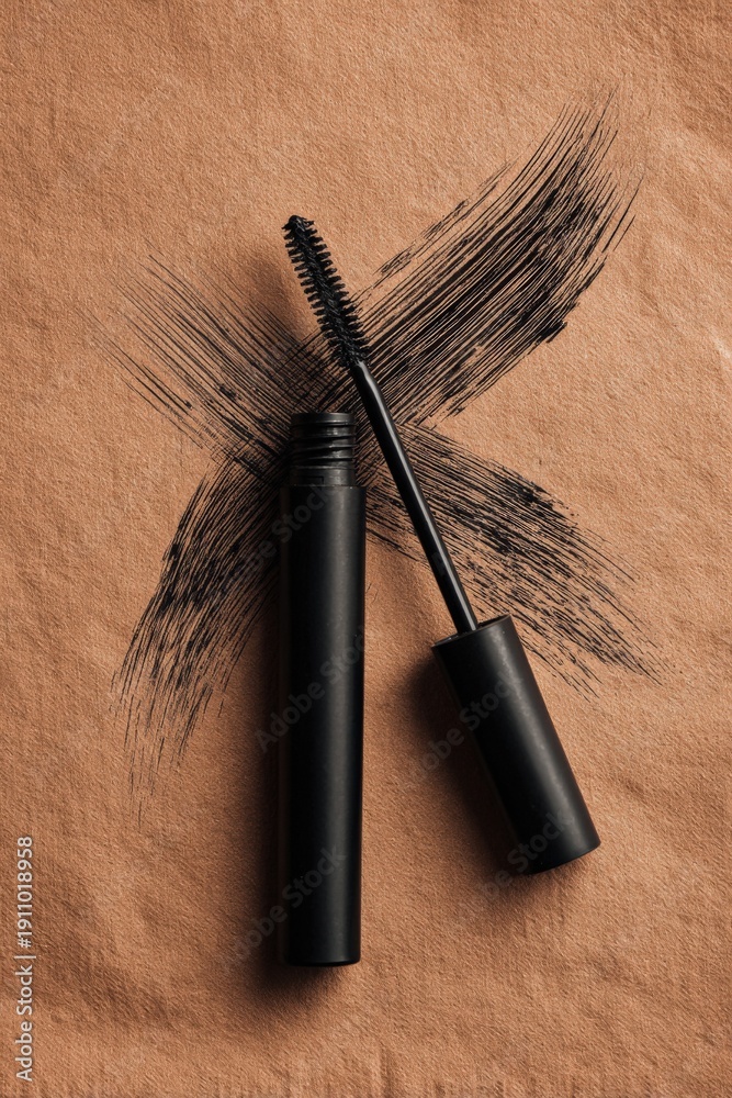 Naklejka premium Black mascara tube with brush on brown textured background