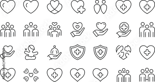 Set of 30 simple outline black and white line icons for healthcare and medical vector illustration