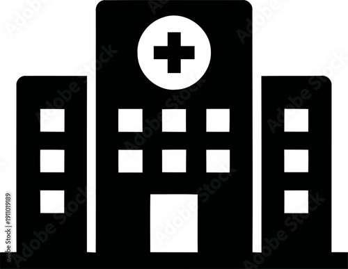 Medical hospital building icon with plus sign, healthcare clinic and emergency medical center architecture vector illustration isolated on white.