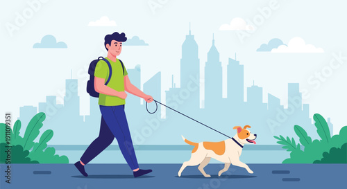 Person with short dark hair, wearing a green shirt and blue pants, walks a happy dog on a leash. City skyline and greenery in the background.