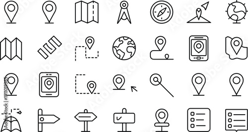 Location map icons set pin markers navigation elements for travel directions and geography with compass globe and road signs
