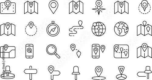 Mapping and navigation line icons set for mobile app development web design interface element and location tracking