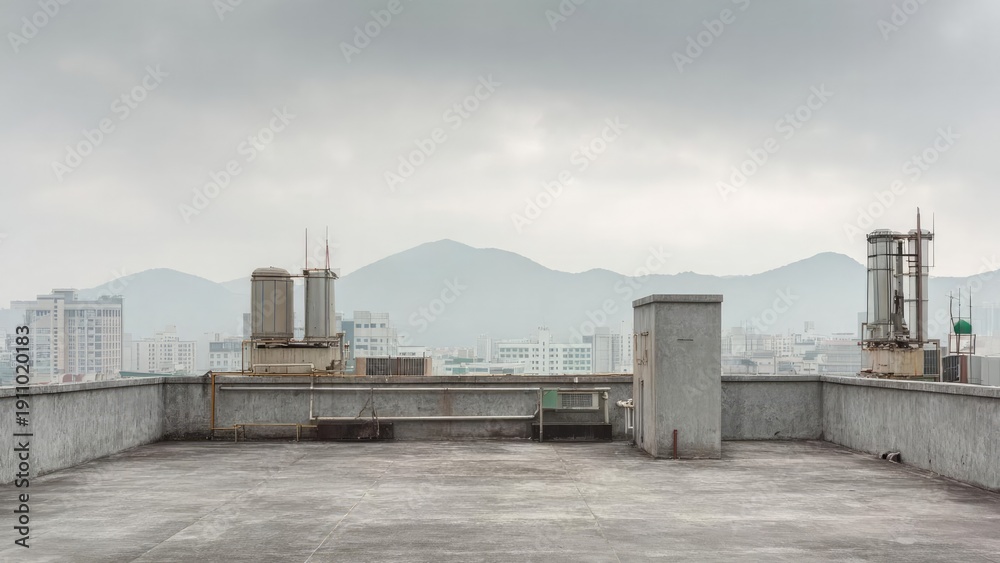 Obraz premium Rooftop with HVAC units and pipes, overlooking a hazy city skyline and distant mountains under a gray overcast sky. Concept Rooftop urban shoot with HVAC units and pipes