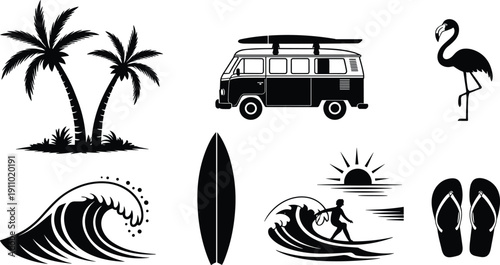Vector, black, silhouette, set, of, summer, beach, elements, including, palm, trees, surfer, ocean, waves, camper, van, surfboard, flamingo, and, flip, flops, for, vacation, design