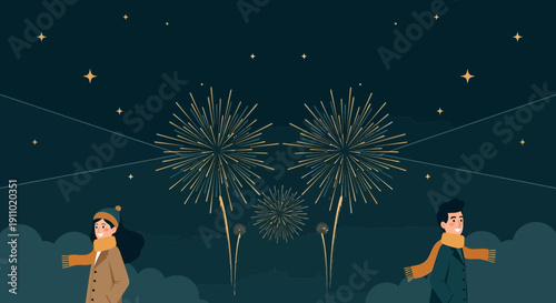Joyful Celebration Under Starry Night Sky With Fireworks
