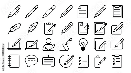 Minimalist stationary and authorship icons featuring various pens pencils quill feathers and digital writing tools
