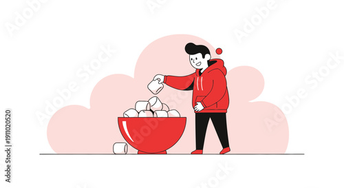 Joyful Character Adding Marshmallows To A Large Festive Bowl