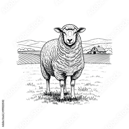 Vintage Sheep on Farmland Engraving Illustration