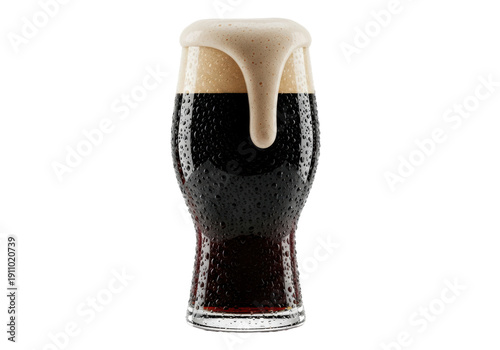 A tall glass of dark stout beer with creamy foam and condensation on a transparent background concept for beverage advertising