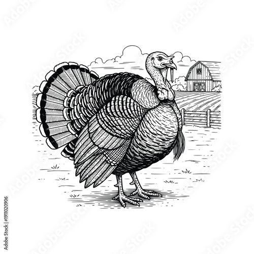 Vintage Turkey Farm Illustration, Vintage Turkey Bird Illustration in Woodcut Engraving Style