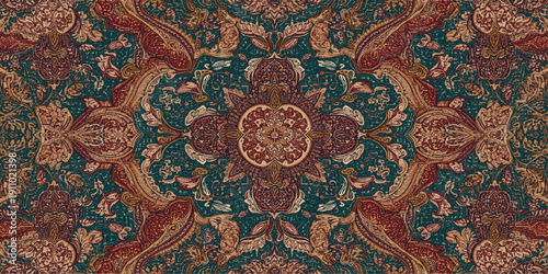 Intricate traditional Thai style fabric texture featuring an ancient floral pattern and oriental ornament on a vintage textile rug craft