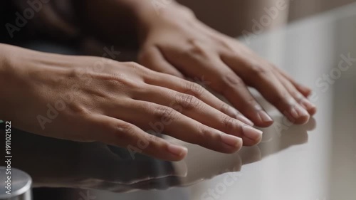 Wallpaper Mural Hands trembling slightly on table. A close-up shows human hands resting on a table, trembling slightly in a subtle, involuntary motion. Torontodigital.ca